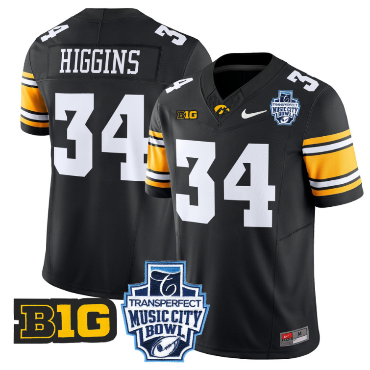 Jay Higgins Jersey #34 Iowa Hawkeyes 2024 Music City Bowl Patch Black
