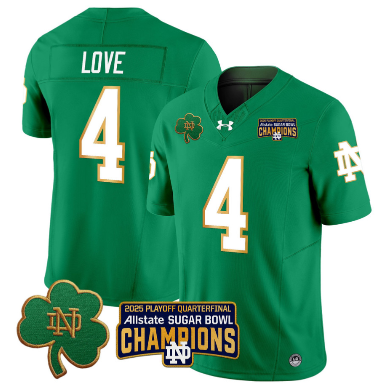 Jeremiyah Love Jersey #4 Notre Dame 2025 Sugar Bowl Champions Patch Green