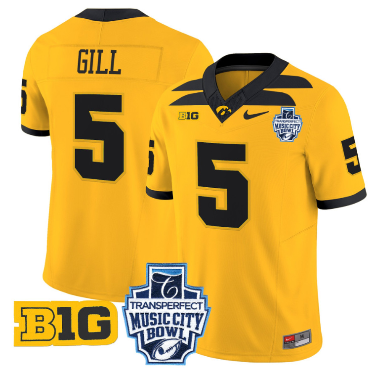 Jacob Gill Jersey #5 Iowa Hawkeyes 2024 Music City Bowl Patch Gold
