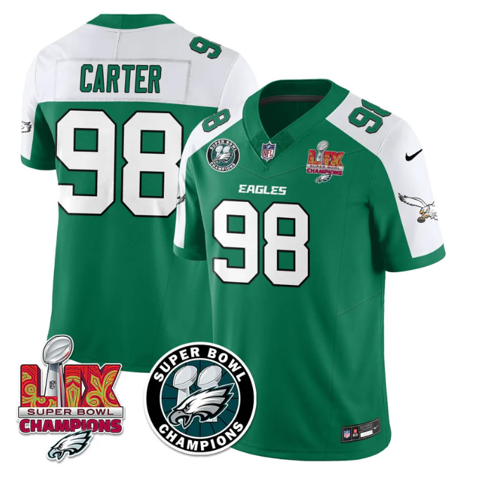 Jalen Carter Jersey #98 Super Bowl LIX Champions All Stitched Alter Kelly Green