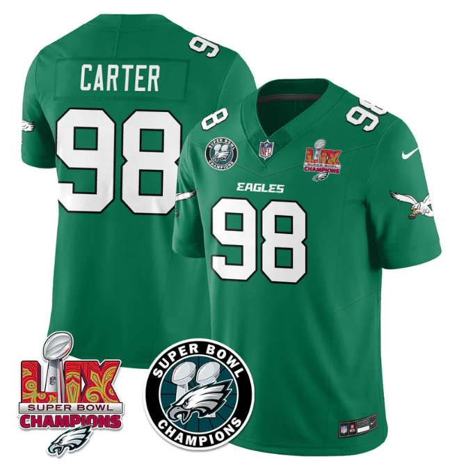Jalen Carter Jersey #98 Super Bowl LIX Champions All Stitched Kelly Green
