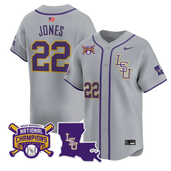 Jared Jones Jersey #22 LSU Tigers 2025 World Series Champions Stitched Gray