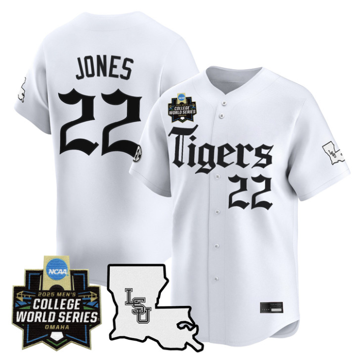 Jared Jones Jersey #22 LSU Tigers 2025 World Series Gothic Geaux Edition White