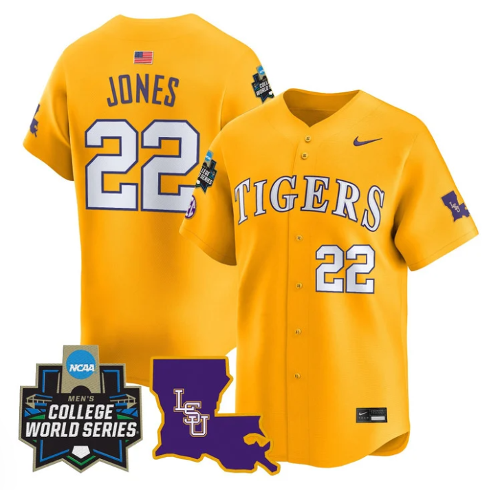 Jared Jones Jersey #22 LSU Tigers 2025 World Series Stitched Gold