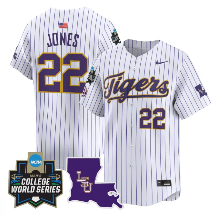 Jared Jones Jersey #22 LSU Tigers 2025 World Series Stitched Pinstripe