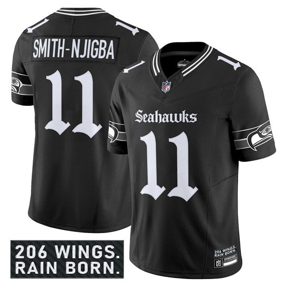 Jaxon Smith-Njigba Jersey #11 Black 2025 F.U.S.E. Gothic Rain City Shadows Stitched