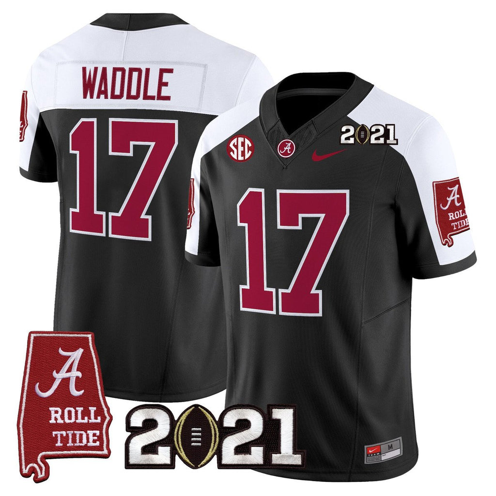 Jaylen Waddle Jersey #7 Alabama 2021 CFP Championship Alabama Map Black ALter