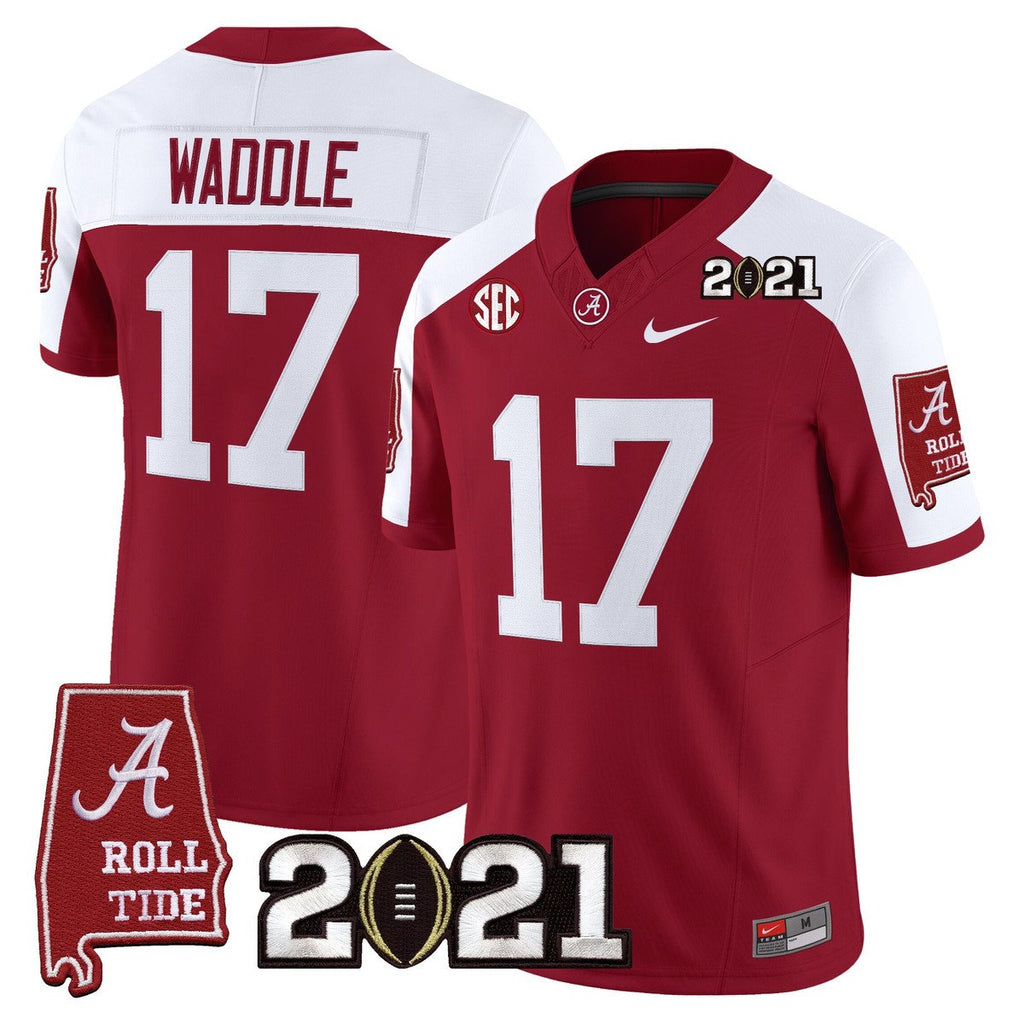Jaylen Waddle Jersey #7 Alabama 2021 CFP Championship Alabama Map Crimson Alter