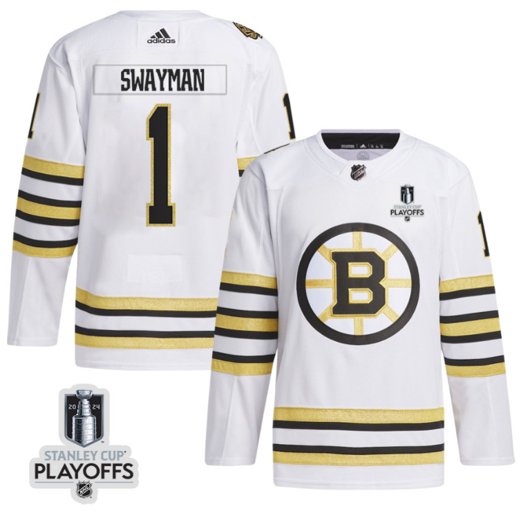 Jeremy Swayman 1 Boston Bruins 2024 NHL Playoffs Patch Away Jersey - Men, White