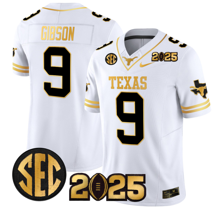 Jerrick Gibson Jersey #9 Texas Longhorns 2025 CFP Final Patch White Gold