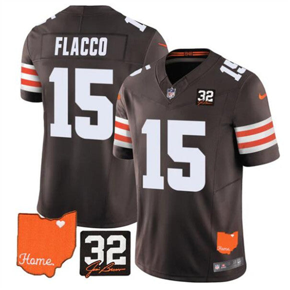 Joe Flacco Jersey #15  Brown 2025 F.U.S.E. With Jim Brown Memorial & Home Patch Stitched