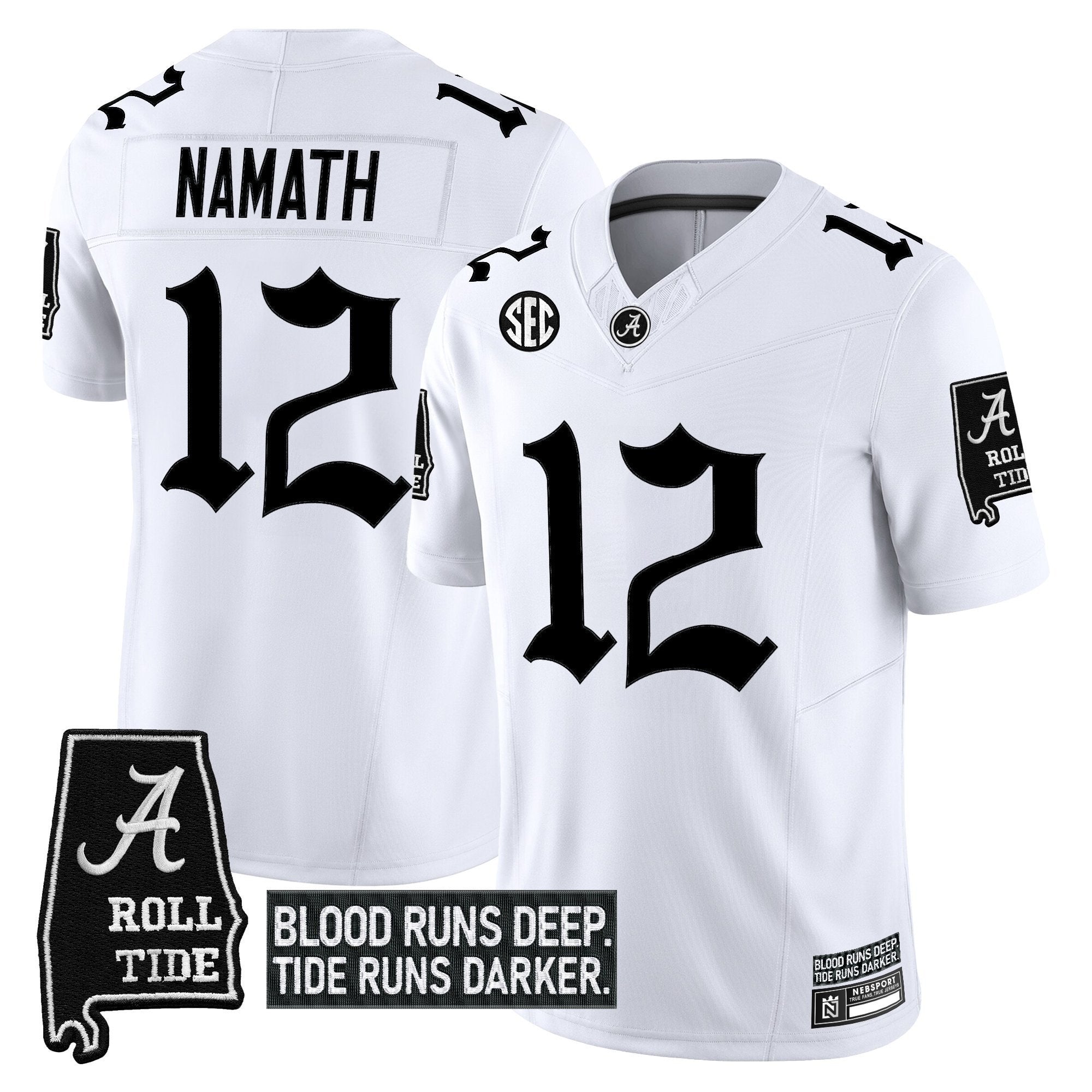 Joe Namath Jersey #12 Alabama Crimson Gothic Bama Blood Edition Stitched White