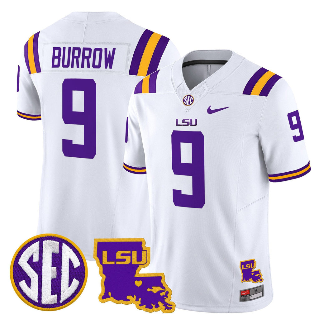 Joe Burrow Jersey #9 LSU Tigers 2025 Louisiana Patch Stitched White