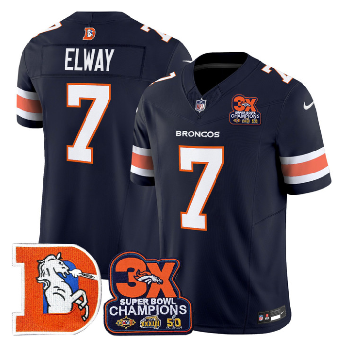 John Elway Jersey #7 Throwback Vapor 3-Time Champions Patch Stitched Navy