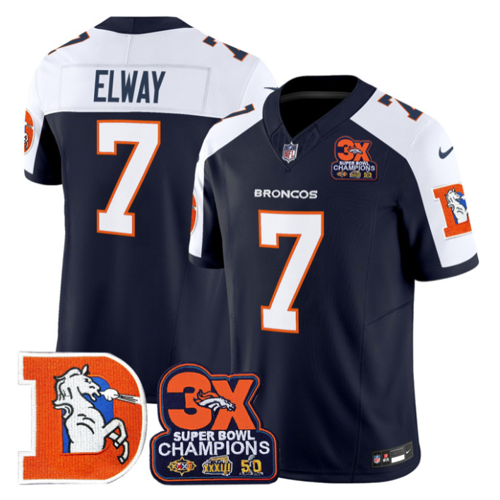 John Elway Jersey #7 Throwback Vapor 3-Time Champions Patch Stitched Navy Alternate