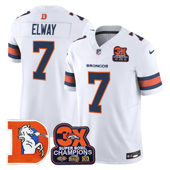 John Elway Jersey #7 Throwback Vapor 3-Time Champions Patch Stitched White