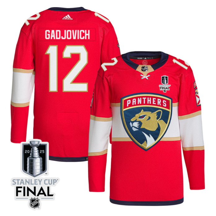 Jonah Gadjovich 12 Florida Panthers 2025 STANLEY CUP Final Patch Home Men Jersey Red