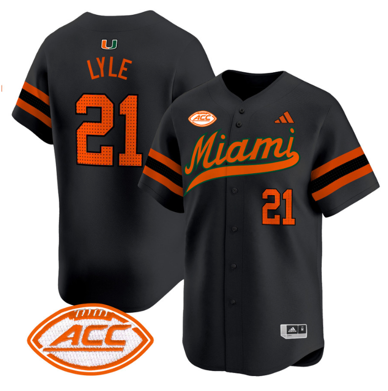 Jordan Lyle Jersey #21 Miami Hurricanes 2024 Baseball Stitched Black