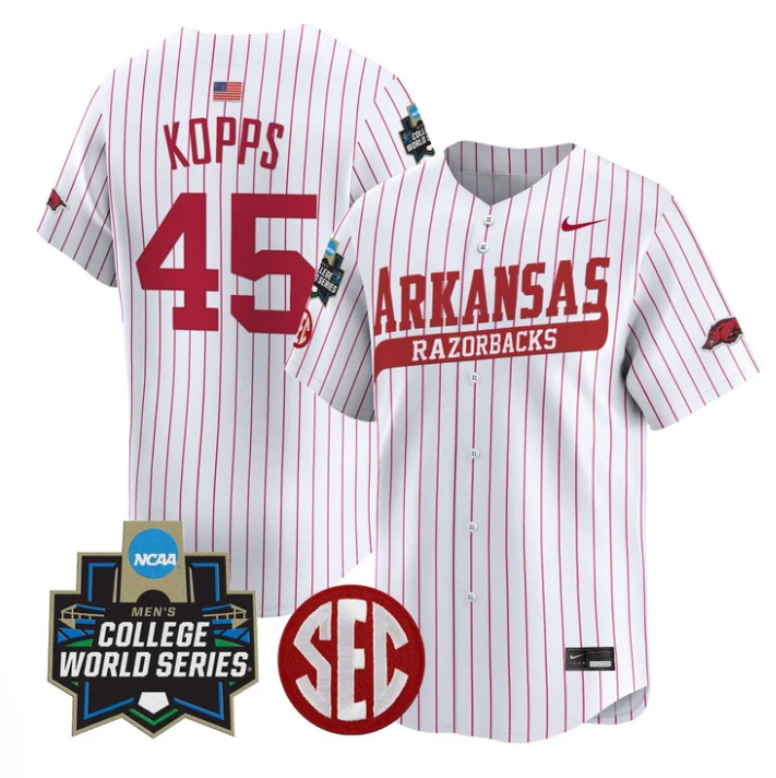 Kevin Kopps Jersey #45 Arkansas Razorbacks 2025 World Series Stitched Pinstripe