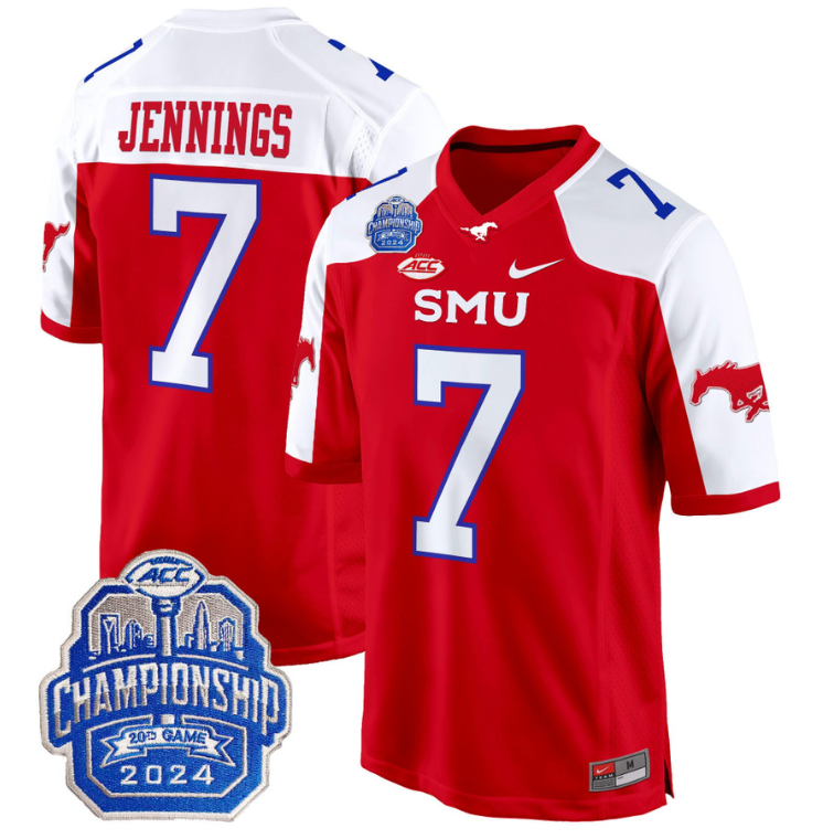 Kevin Jennings Jersey #7 SMU Mustangs 2024 ACC Championship Patch Red Alternate