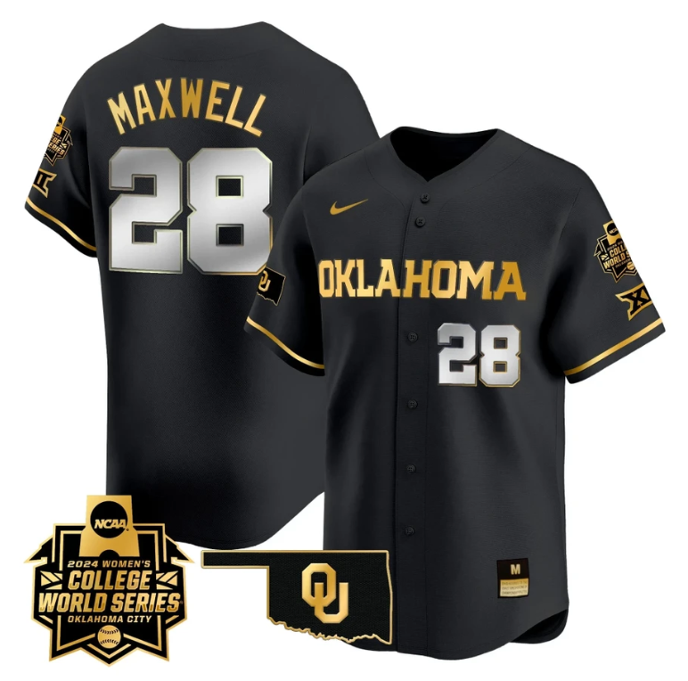 Kelly Maxwell Jersey #28 Oklahoma Sooners 2024 College World Series Patch Vapor Premier Limited NCAA Baseball Stitched Black Gold