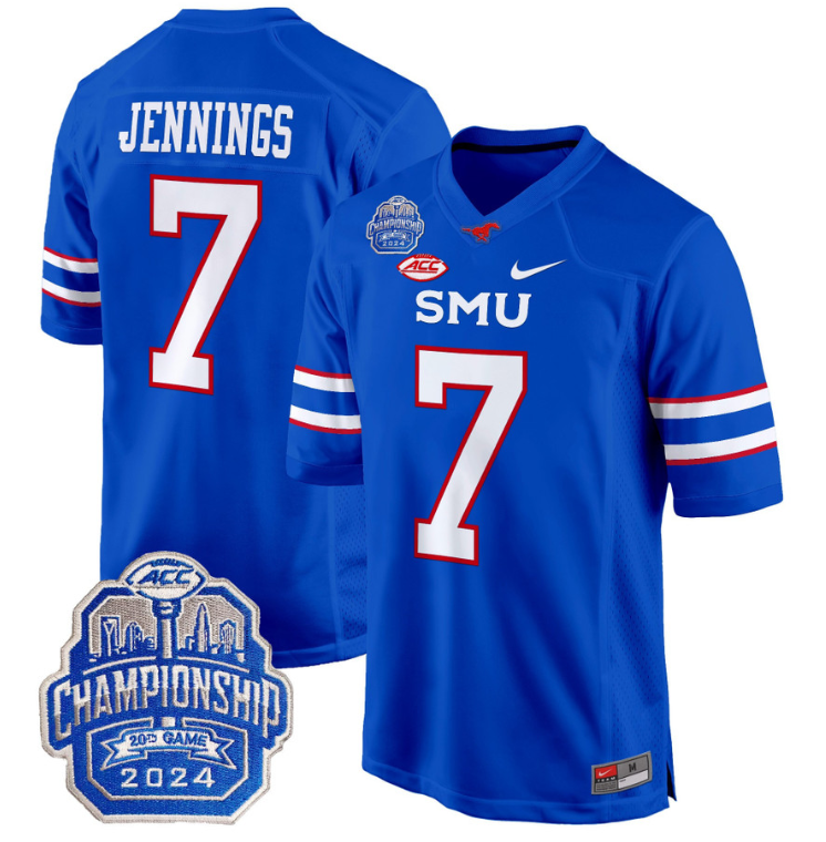 Kevin Jennings Jersey #7 SMU Mustangs 2024 ACC Championship Patch BLue