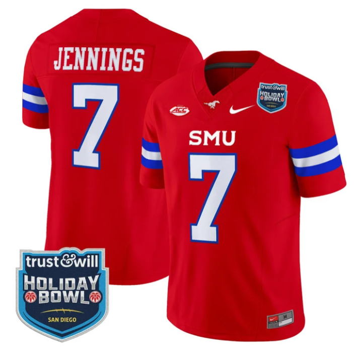 Kevin Jennings Jersey #7 SMU Mustangs 2026 Holiday Bowl Patch Stitched Red