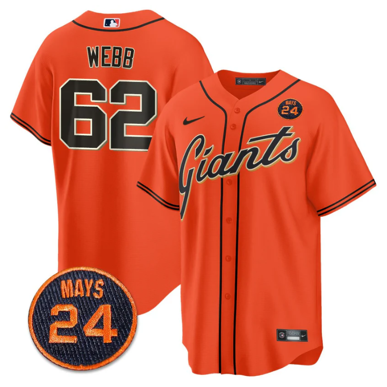 Logan Webb Jersey #62 San Francisco Giants #24 Willie Mays Patch 2024 Vapor Premier Orange
