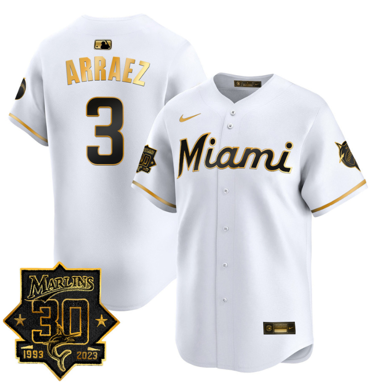 Luis Arraez Jersey #3 Miami Marlins 30 Seasons Anniversary Patch Limited Stitched White Gold