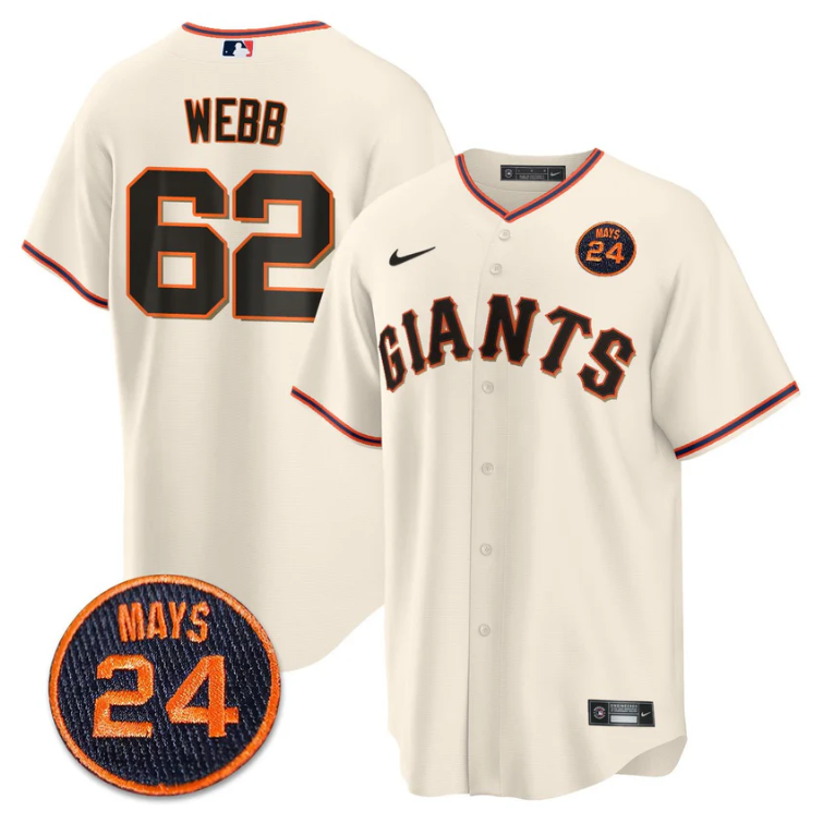 Logan Webb Jersey #62 San Francisco Giants #24 Willie Mays Patch 2024 Vapor Premier Cream Home