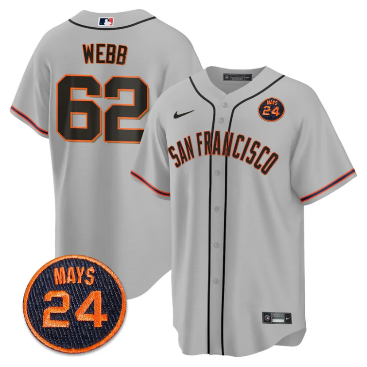 Logan Webb Jersey #62 San Francisco Giants #24 Willie Mays Patch 2024 Vapor Premier Gray