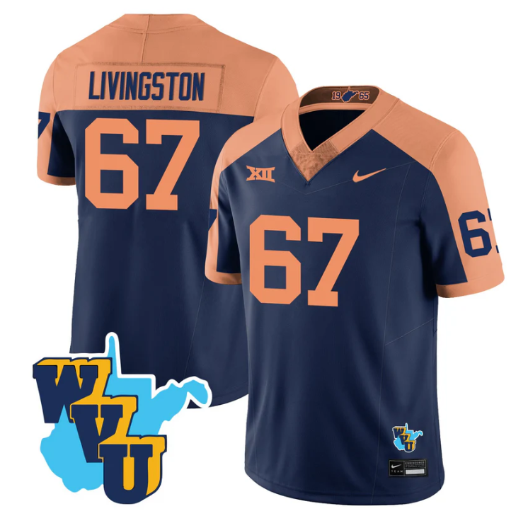 Landen Livingston Jersey #67 West Virginia Mountaineers 1965-2025 Throwback Navy Alternate