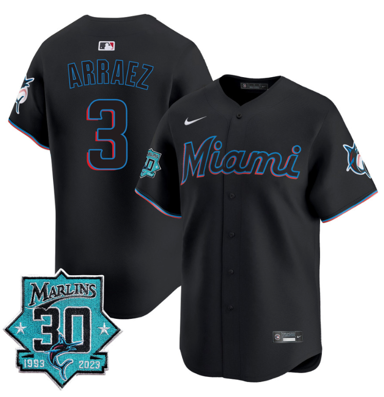 Luis Arraez Jersey #3 Miami Marlins 30 Seasons Anniversary Patch Limited Stitched Black