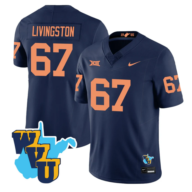 Landen Livingston Jersey #67 West Virginia Mountaineers 1965-2025 Throwback Navy