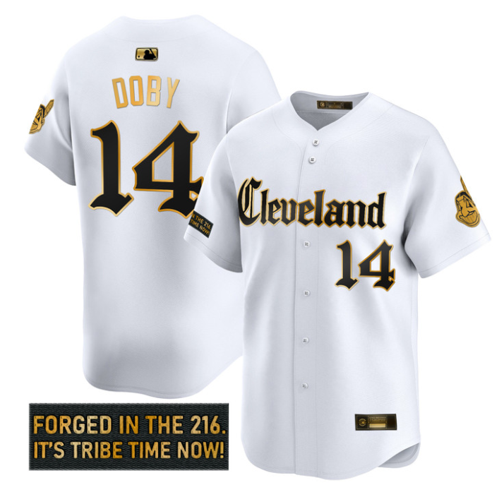 Larry Doby Jersey #14 Cleveland Indians Gothic Iron Edition Stitched White Gold