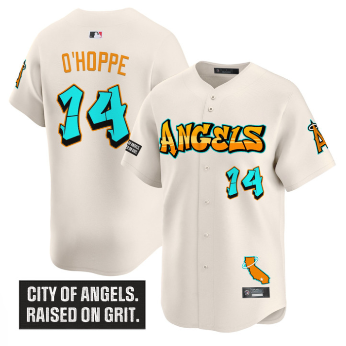 Logan O'Hoppe Jersey #14 Los Angeles Angels Graffiti Halo Drop Stitched Cream