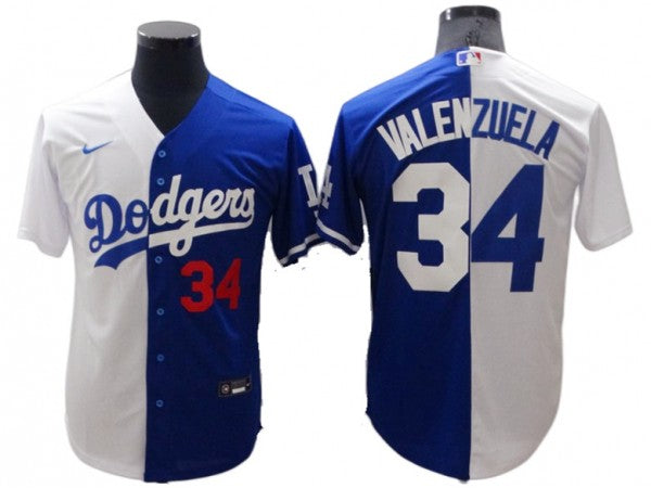 Los Angeles Dodgers #34 Fernando Valenzuela Royal White Split Jersey