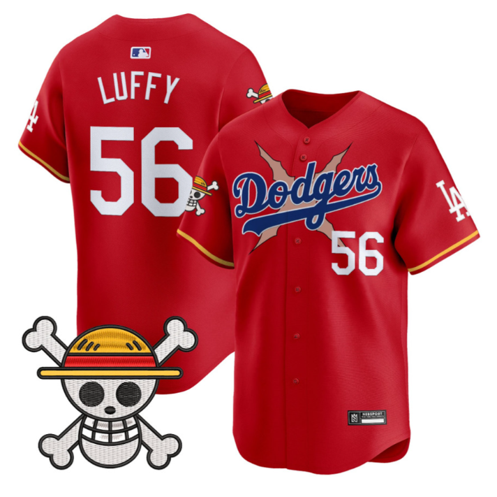 Luffy Jersey #56 Los Angeles Dodgers One Piece 2025 Vapor Limited Stitched Red