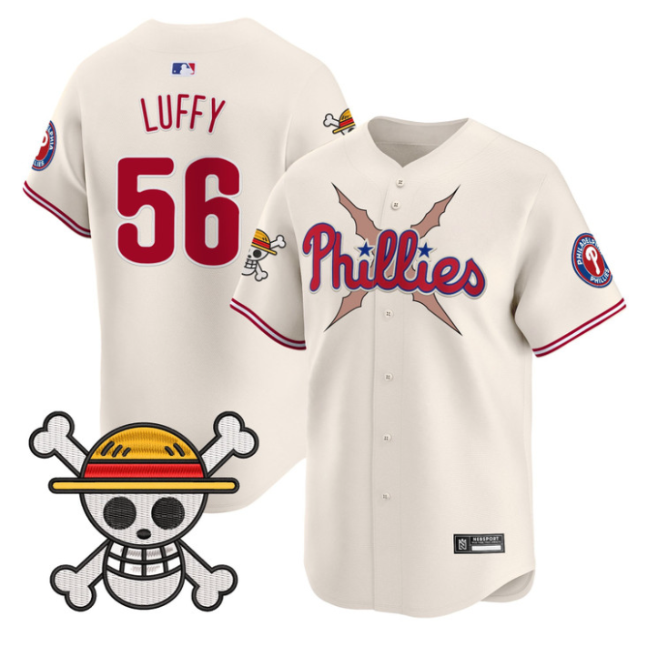 Luffy Jersey #56 Philadelphia Phillies One Piece 2025 Limited Stitched Cream