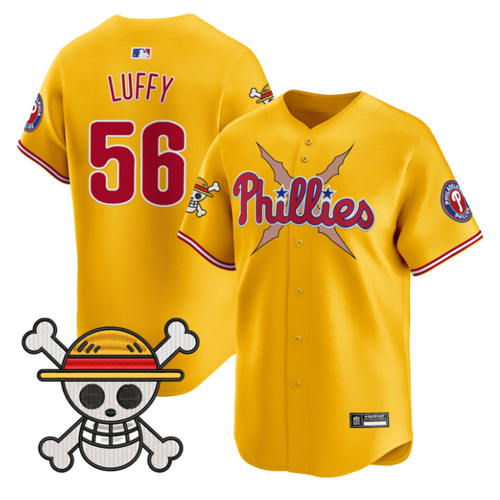 Luffy Jersey #56 Philadelphia Phillies One Piece 2025 Limited Stitched Gold