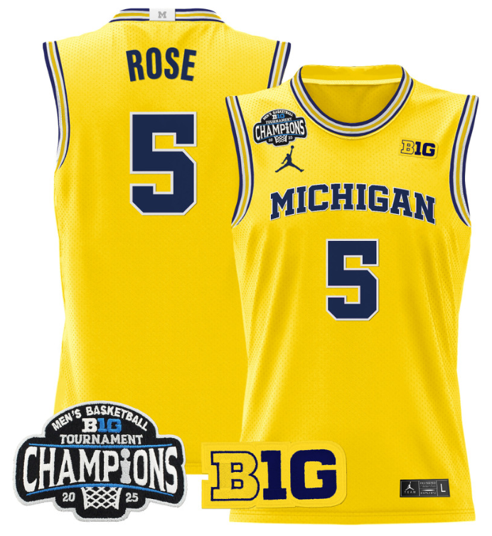 Men Jalen Rose Jersey #5 Michigan Wolverines 2025 Big Ten Champions Maize