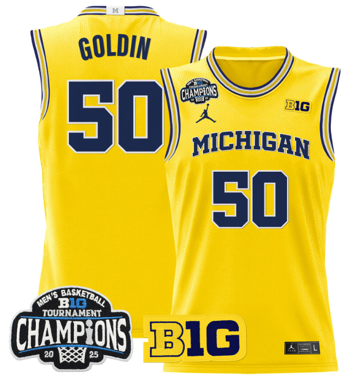 Men Vladislav Goldin Jersey #50 Michigan Wolverines 2025 Big Ten Champions Maize