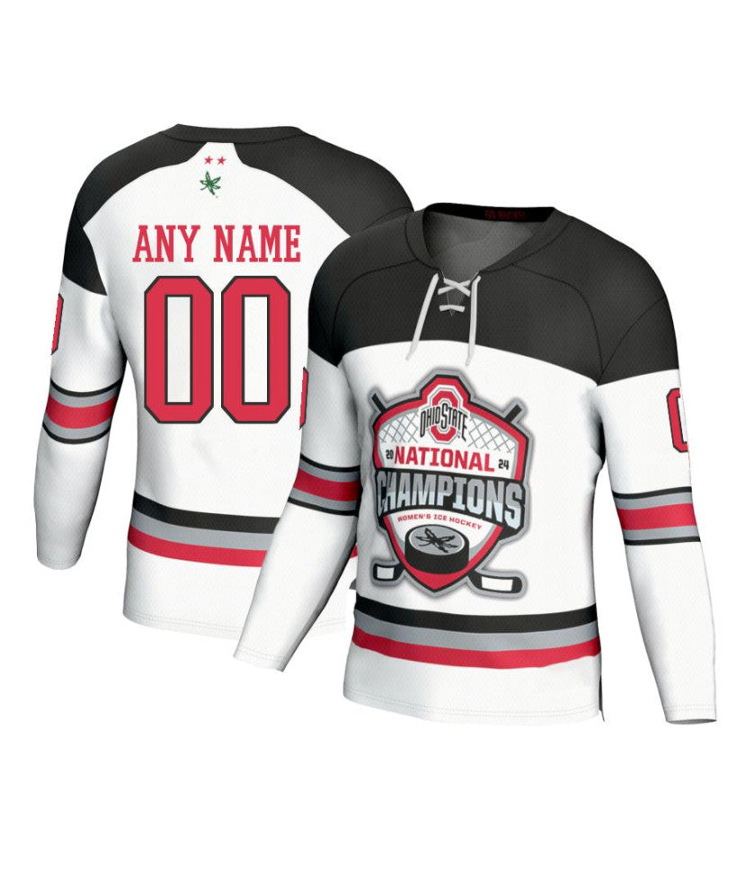 Men's Ohio State Buckeyes Custom White Fashion 2024 National Champions Hockey Jersey