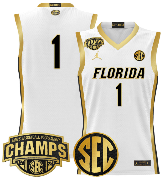 Men Team Jersey #1 Florida Gators 2025 SEC Champions Stitched White Gold
