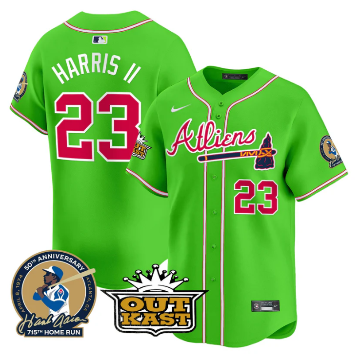 Michael Harris II Jersey #23 Atlanta Braves Atliens Hank Aaron Patch Limited Stitched Bright Green