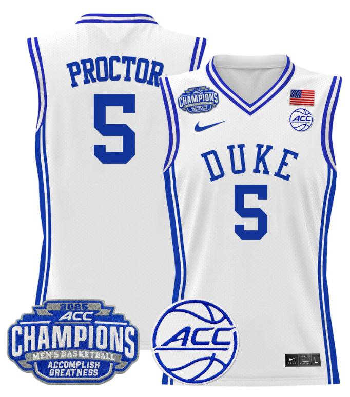 Men Tyrese Proctor Jersey #5 Duke Blue Devils 2025 ACC Champions Stitched White