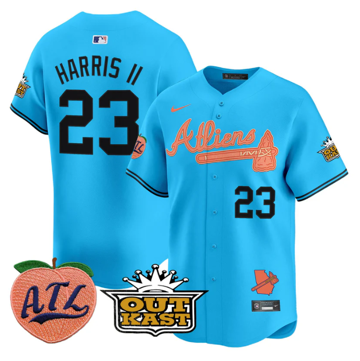 Michael Harris II Jersey #23 Atlanta Braves Atliens Peach Vapor Premier Limited Stitched Light Blue