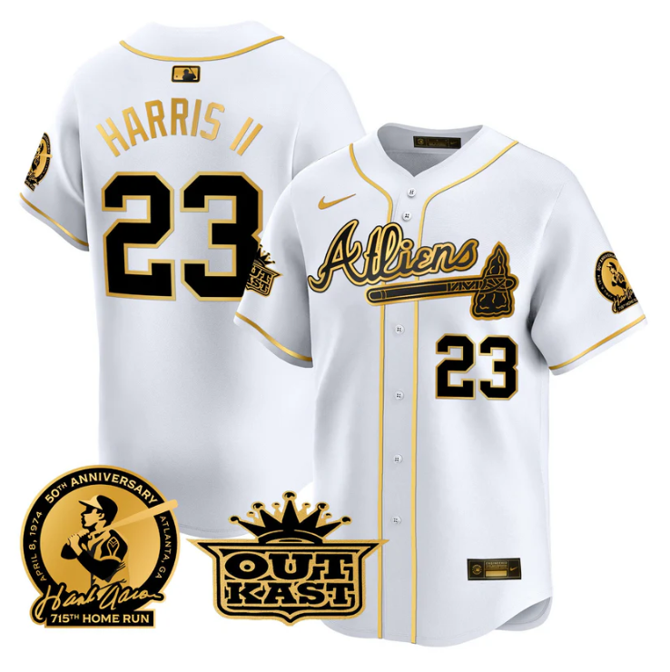 Michael Harris II Jersey #23 Atlanta Braves Atliens Hank Aaron Patch Limited Stitched White Gold