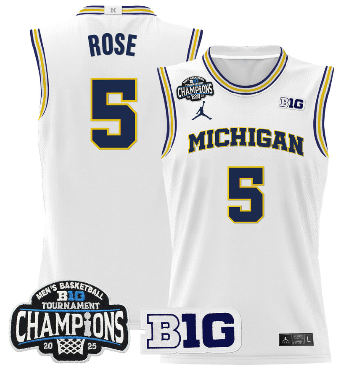 Men Jalen Rose Jersey #5 Michigan Wolverines 2025 Big Ten Champions White