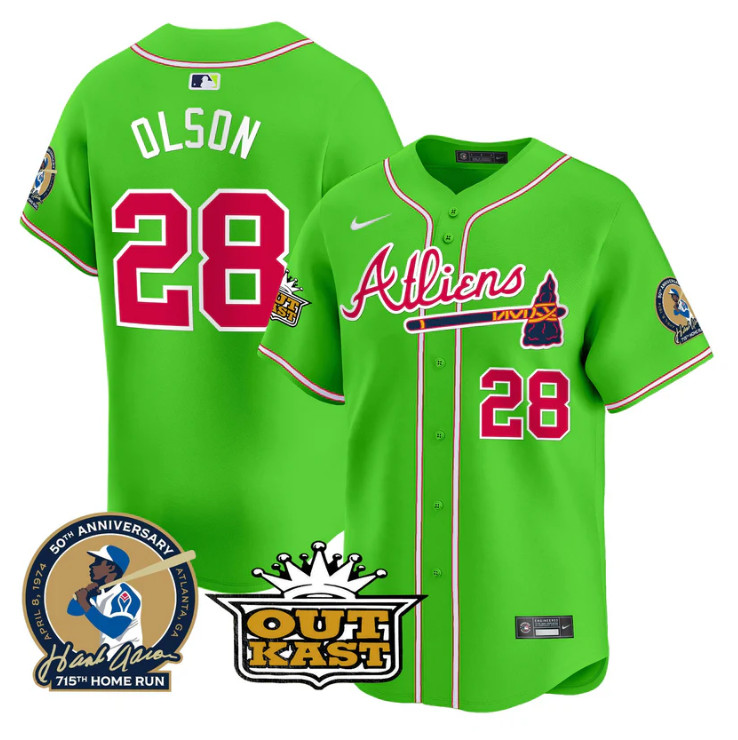 Matt Olson Jersey #28 Atlanta Braves Atliens Hank Aaron Patch Limited Stitched Bright Alternate